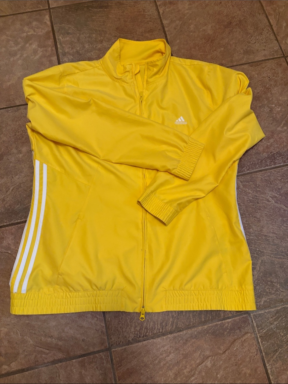 adidas Yellow Zip-Up Athletic Track Jacket with White Stripes